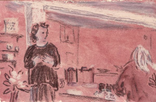 Drawing in red-brown of a woman standing and speaking in a room with pots, shelves and flowers